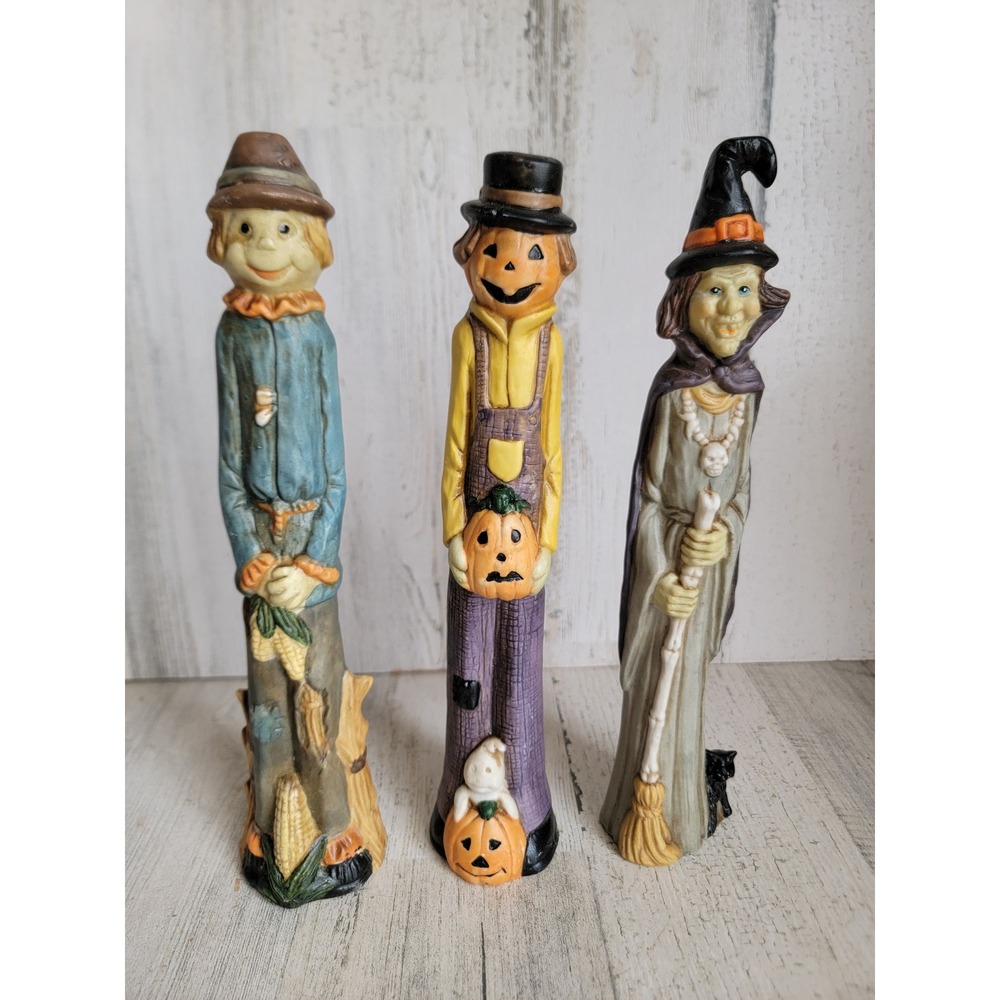 Halloween tall vintage witch scarecrow jack-o'-lantern figure set ceramic unique